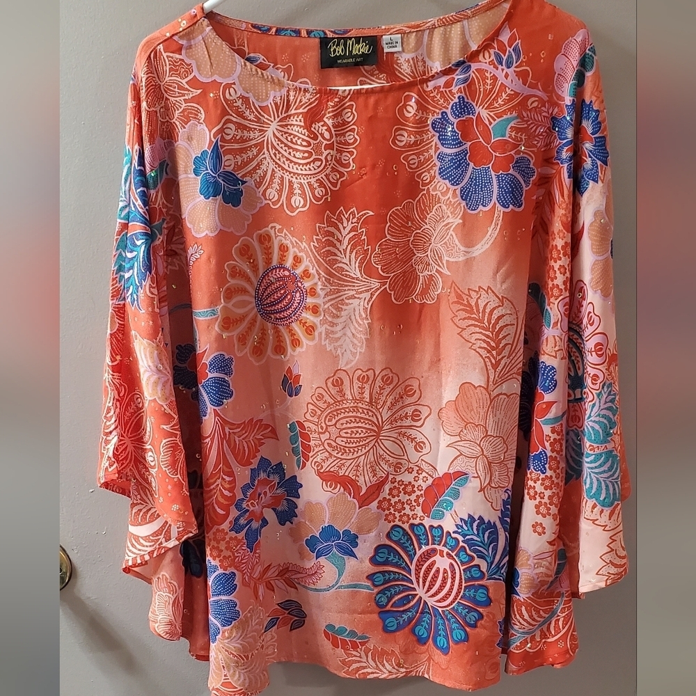 Bob Mackie Coral Tunic with Blue & Pink Floral Print. Sz L